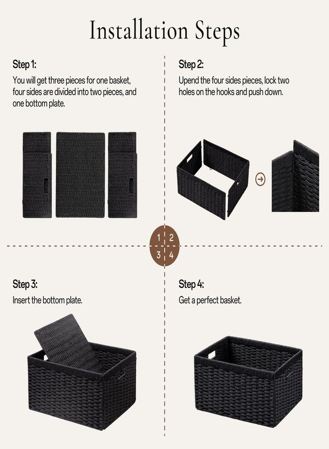 UBBCARE 4 Pack Wicker Basket, 13.4L×8.3H×7.1W inch Woven Paper Rope Storage Baskets for shelves, Foldable Rectangular Storage Baskets with Handle, Storage Basket for Organizing, Black - Image 2